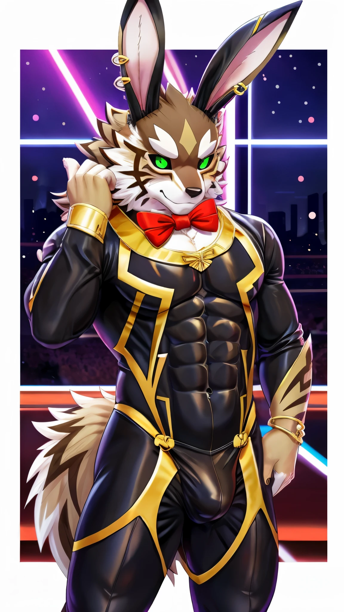 seth (tas), tokyo afterschool summoners, hi res, abs, anthro, blush, bodysuil, bow Lie, bulge, bunny costume, canid, canine, canis, clothed, clothing, costume, crossdressing, ear piercing, ear ring, embarrassed, fake ears, fake rabbit ears, genital outline, green sclera, jackal, Lifewonders, Lukewarm, male, mammal, penis outline, piercing, playboy bunny, playboy outfit, skinsuit, solo, tight clothing, video games,