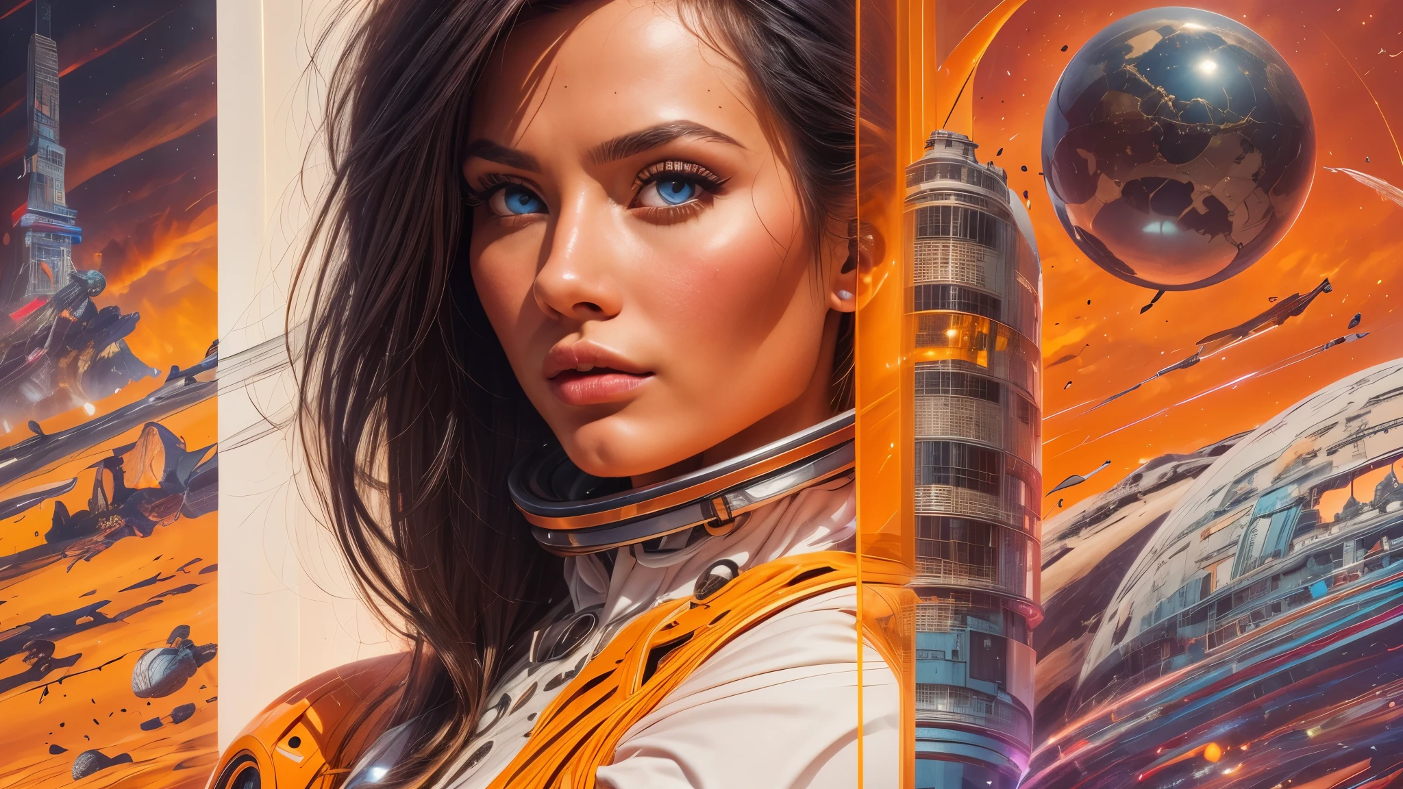 arafed image of a white woman in a futuristic suit with a spaceship in the background, movie art, in front of an orange background, inspired by Robert McGinnis, female protagonist, megastructure in the background, portrait of an ai astronaut, astronauts, an astronaut, portrait of a astronaut skeletor, perfect android girl, detailed eyes, perfectly detailed teeth, frank franzzeta and sakimichan