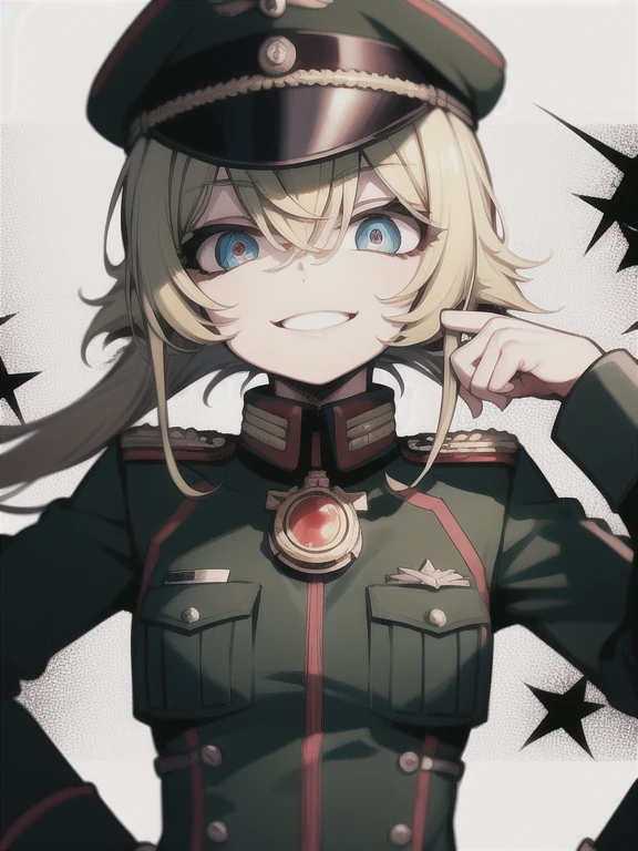 Degurechaff asked, uniforme militar, psycho smile, baja estatura, ojos de asesino, psycho eyes, linternas