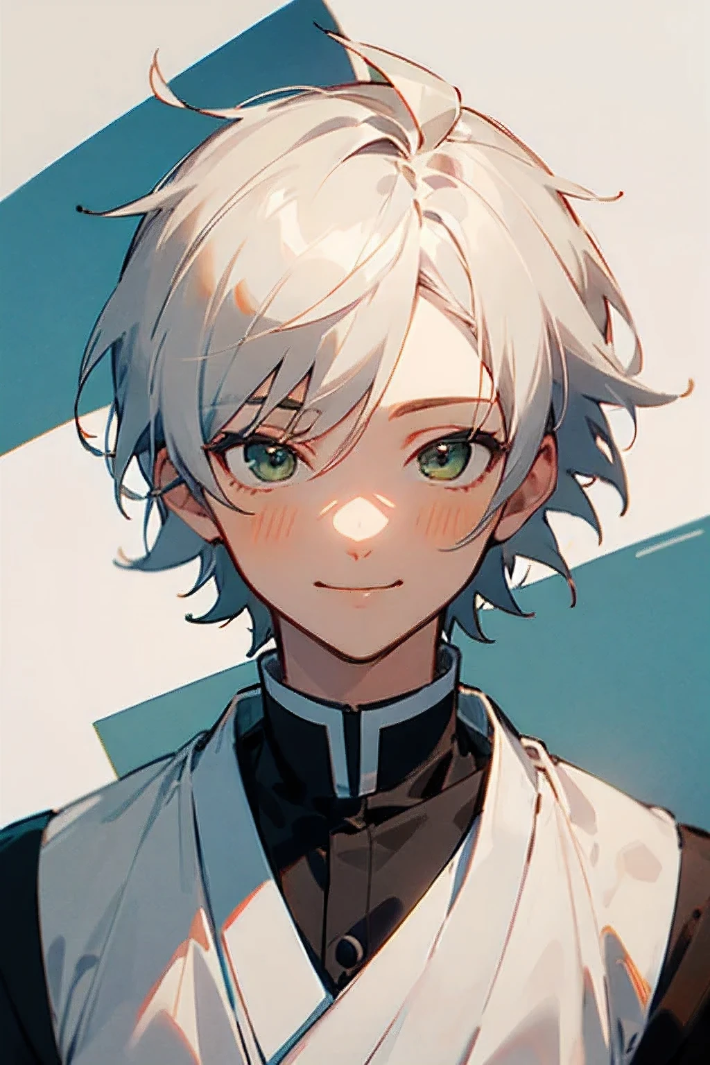 ((best quality)), ((masterpiece)), (detailed), perfect face, Kamisama, Kamisama hajimemashita, Mizuki Kamisama, boy, cute boy, short white hair, one person, smile, green eyes