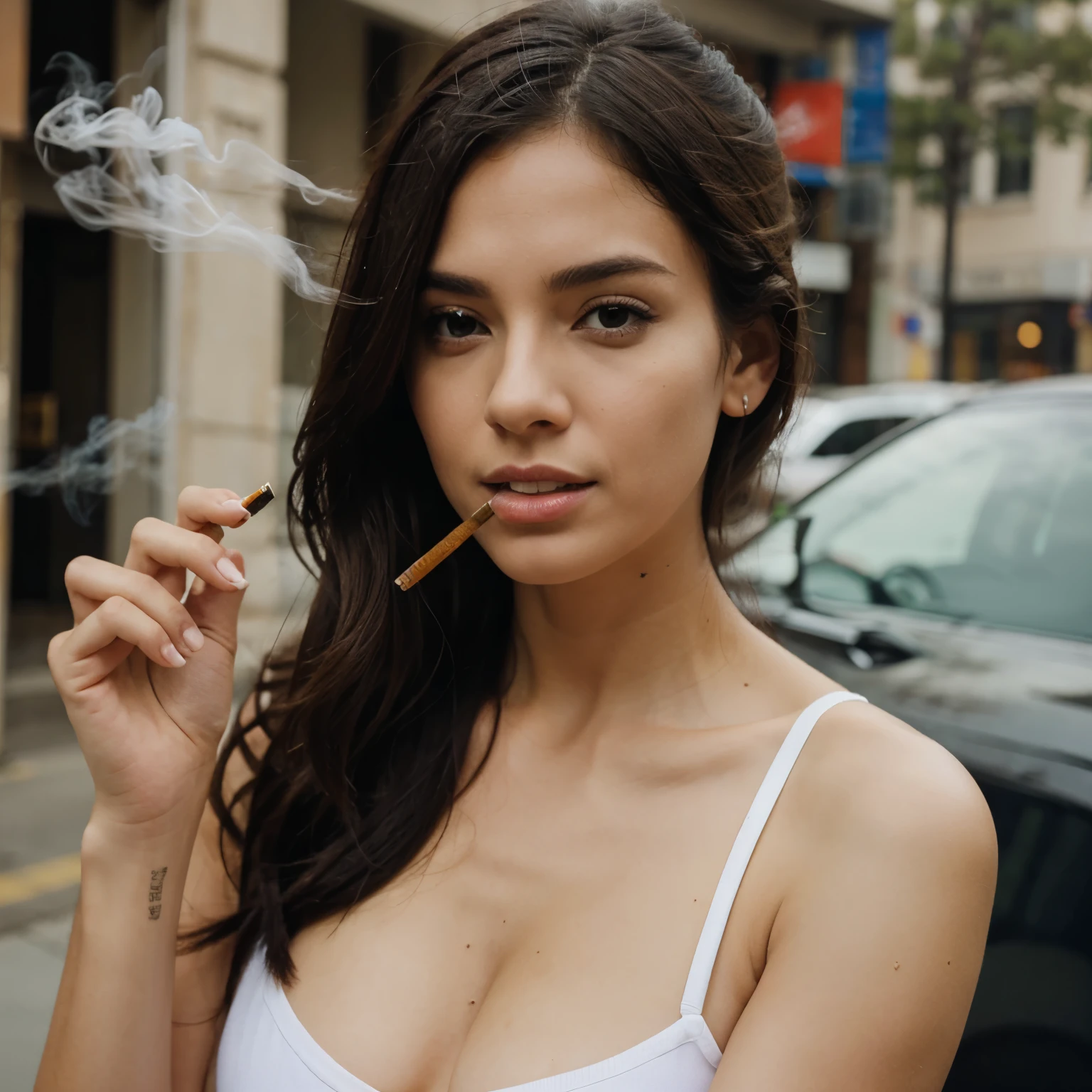 a teen school girl titty fucking a penis, titty fuck, the penis is in between her breasts, penis being squeezed by breasts, on the bed, piercings, pain, agony, teenager, smoking cigarettes, sucking very hard on cigarette, the cigarette ash is growing very long, the cigarette ash is very long, SMOKE IN MOUTH