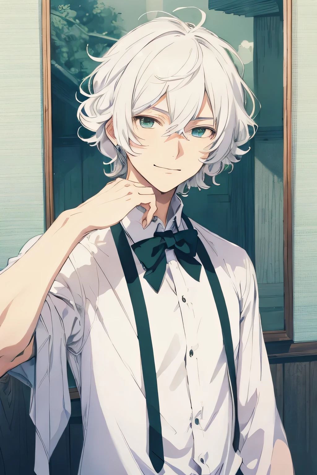 ((best quality)), ((masterpiece)), (detailed), perfect face, Kamisama, Kamisama hajimemashita, Mizuki Kamisama, boy, short white hair, one person, smile, green eyes, smirking, sexy eyes, side eye looking, Sleek Middle-Parted curly hair