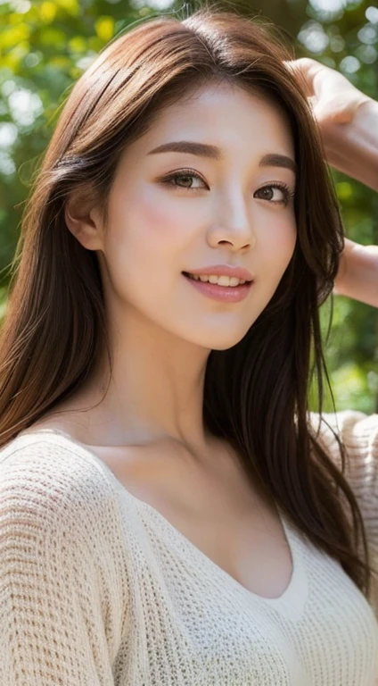 ((Best Quality, 8K, Masterpiece: 1.3)), nude (5) Upper Body (1.3), Focus Clear: 1.2, Glossy Skin in the Light, Outstanding Beauty: 1.4, ((Brown Hair, Colossal: 1.2)), Highly Detailed Face and Skin Texture, Not Too Dark Parallel Eyebrows Detailed Eyes, Double Eyelids, Smile (1.3) Natural Makeup, Walking in the Sun Through the Trees (5)