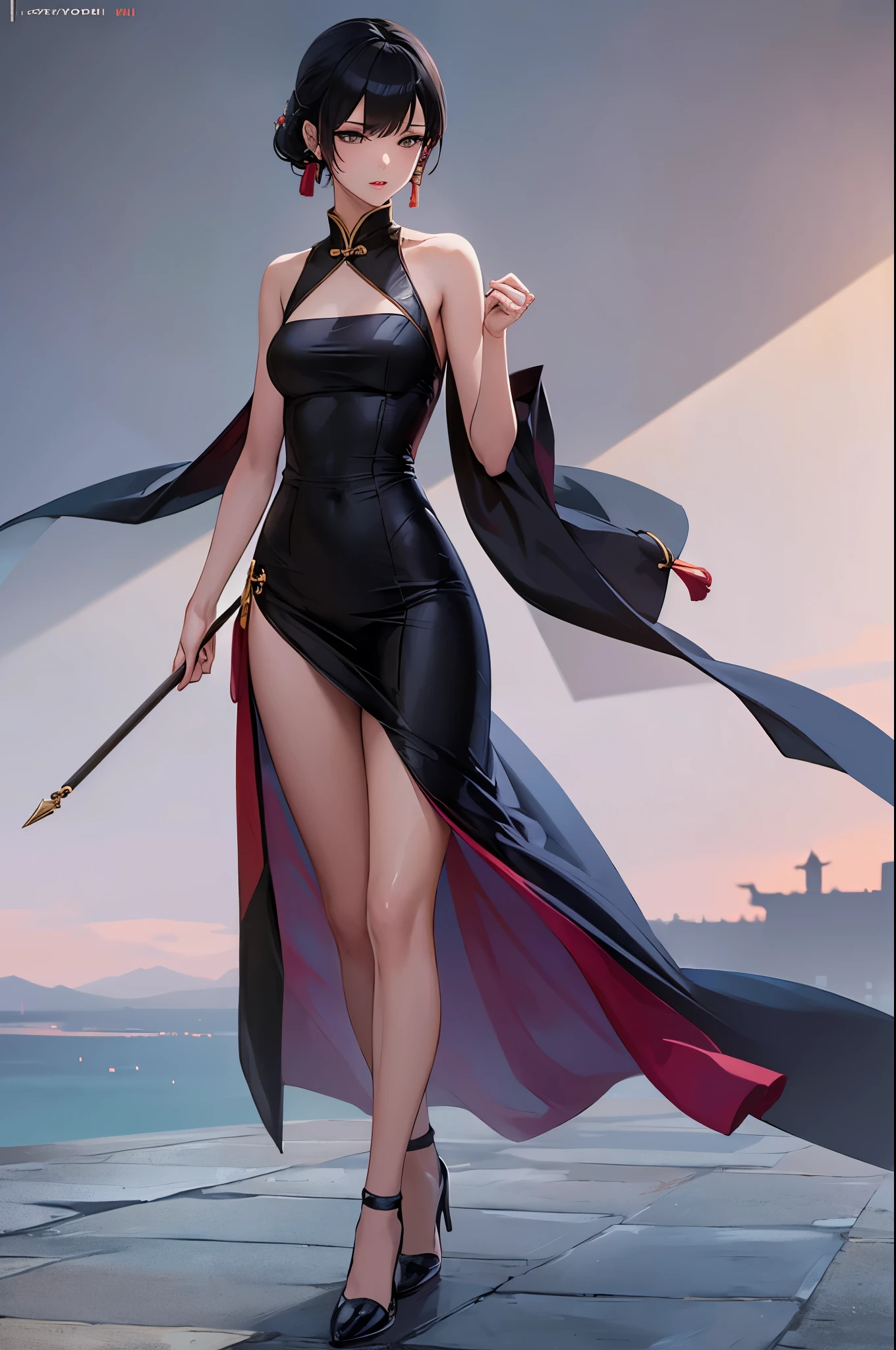 a sexy woman, (best quality), (masterpiece), (1girl), slim, anime, tall, (flat chested), (chinese dress), (full body view)
