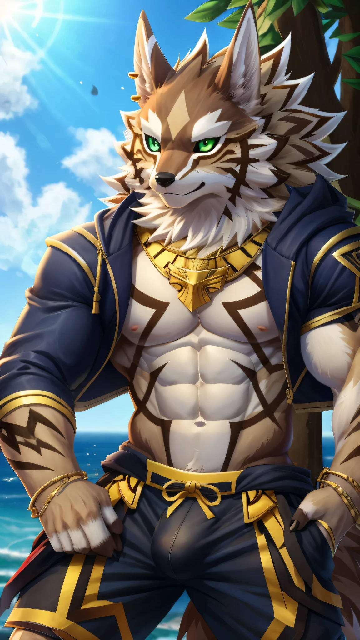 selh (Las), Lokyo afterschool summoners, absurd res, hi res, abs, anthro, bulge, canid, canine, canis, clothed, clothing, fur, green eyes, jackal, male, mammal, muscular, muscular male, pecs, piercing, solo, ty arashi, video games,