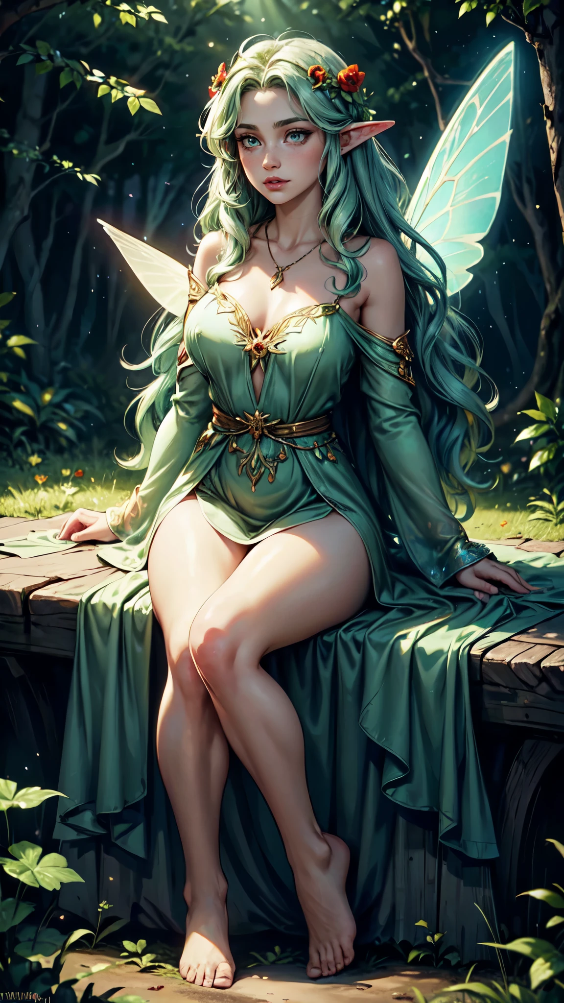 { - anatomy error}(Masterpiece - Ultra-detailed, very high resolution) sexy woman, big breasts, Beautuful girl, happy face, long curly hair, 1 girl, perfect fingers, necklace 4 Leaf Clover. Sitting in a forest alone. Look scared. Scenery, magic, stars, night. Elvish ears. Small, fairy. Forest big. Realistic art style. Fairy Elvish Woman. The One with long wavy curly red hair, green eyes. Red poppy flower dress and green four-leaf clover , long wavy rainbow hair, black eyes until the white part, a ghostly halo crowning her head is cosmic, a layer of metallic freckles on her face. His skin white is very pale with simple rainbow glows. Enorm bossom. Curvy body. Body sexy. Dinamyc poses. Wings fairy luminous. Hair coloring rainbow stars, sparkles. WINGS FAIRY. Full body. Small fairy. Bare feet. Beautiful legs. Little fairy flying in the air. Wings beautiful. Wings butterfly. Wings. Fairy fly., detailed face, detailed eyes, detailed hands