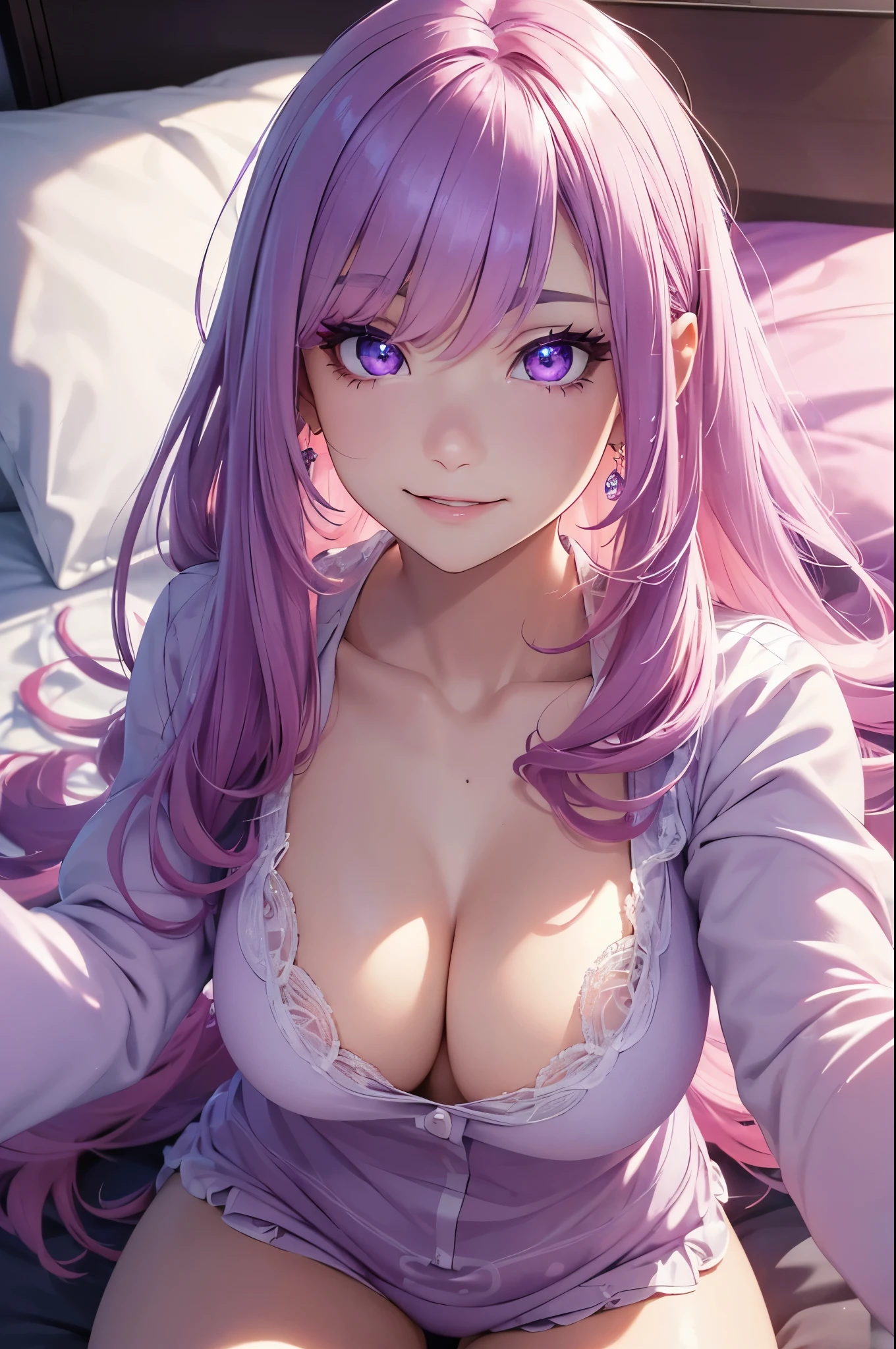 1girl (masterpiece, round_iris, extremely crisp crystalline shiny purple eyes, perfect_anatomy, extremely_captivating_hypnotic_mystic_eyes, ) perfect face, long pink hair, smiling evil, big breasts, short pyjama, gamer girl, bedroom, selfie, dynamic pose, best quality, 4k
