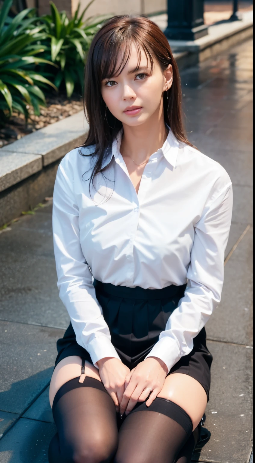 ((Realistic lighting, highest quality, 8k, masterpiece: 1.3)), concentrated: 1.2, One girl, Perfect beauty: 1.4, Slim Abs: 1.1, (Big Breasts), (A wet, see-through white silk shirt: 1.4), (Outdoor, night: 1.1), City Street, Very beautiful face, Beautiful Eyes, double eyelid, (Above-the-knee black stockings: 1.5), (Wet in the Rain, Wet: 1.2)