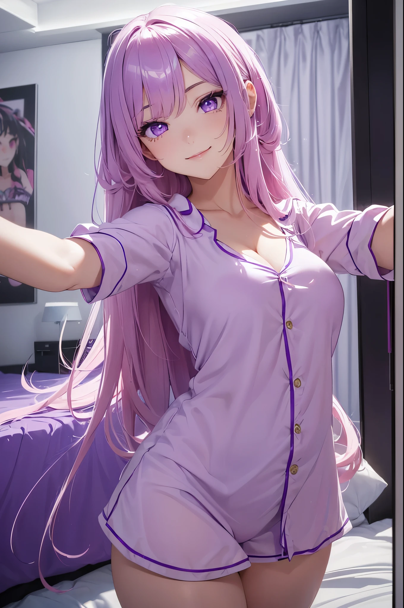 1girl (masterpiece, round_iris, extremely crisp crystalline shiny purple eyes, perfect_anatomy, extremely_captivating_hypnotic_mystic_eyes, ) perfect face, long pink hair, smiling evil, big breasts, short pyjama, gamer girl, bedroom, selfie, dynamic pose, best quality, 4k
