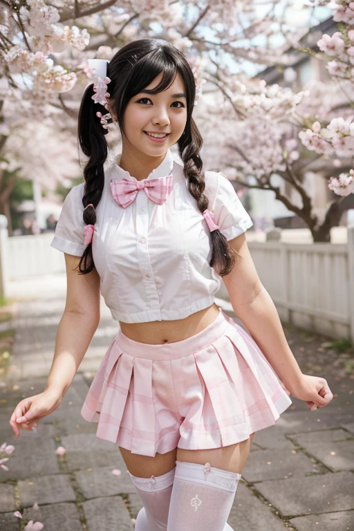 (black hair:1.2), (cute detailed eyes:1.1), (ponytails:1.2), (white shirt:1.1), (pink plaid bowties), (pink plaid skirt:1.1), (white stockings:1.1), (black shoes:1.1), (japanese cosplay:1.1), (japanese model:1.1), (full body:1.1), (vivid colors:1.1), (bright lighting:1.1), (soft focus), (lovely background), (playful pose), (kawaii expression), (expressive gestures), (colorful backdrop), (dynamic composition), (flawless skin), (graceful posture), (fashionable outfit), (cherry blossom), (cheerful atmosphere), (adorable smile), (cute accessories), (attention to detail), (smooth brush strokes), (beautiful artwork), (impressive craftsmanship), (captivating visuals), (memorable masterpiece), (high-resolution), (professional quality:1.1)