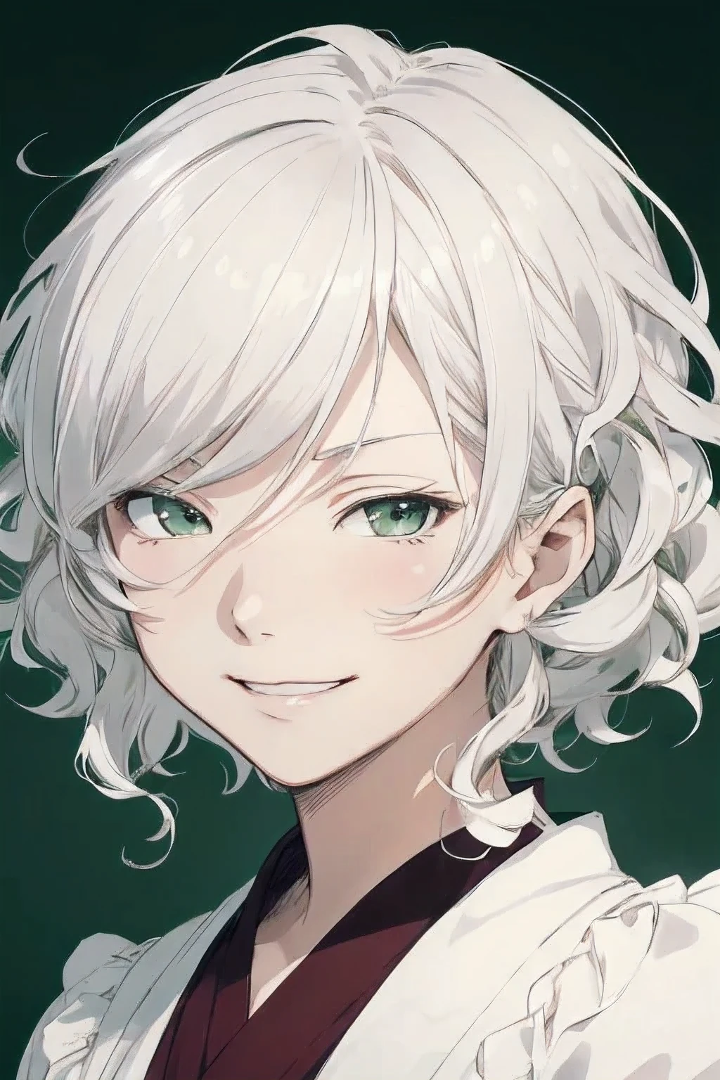 ((best quality)), ((masterpiece)), (detailed), perfect face, Kamisama, Kamisama hajimemashita, Mizuki Kamisama, boy, short white hair, one person, smile, green eyes, smirking, sexy eyes, side eye looking, puff Middle-Parted curly hair