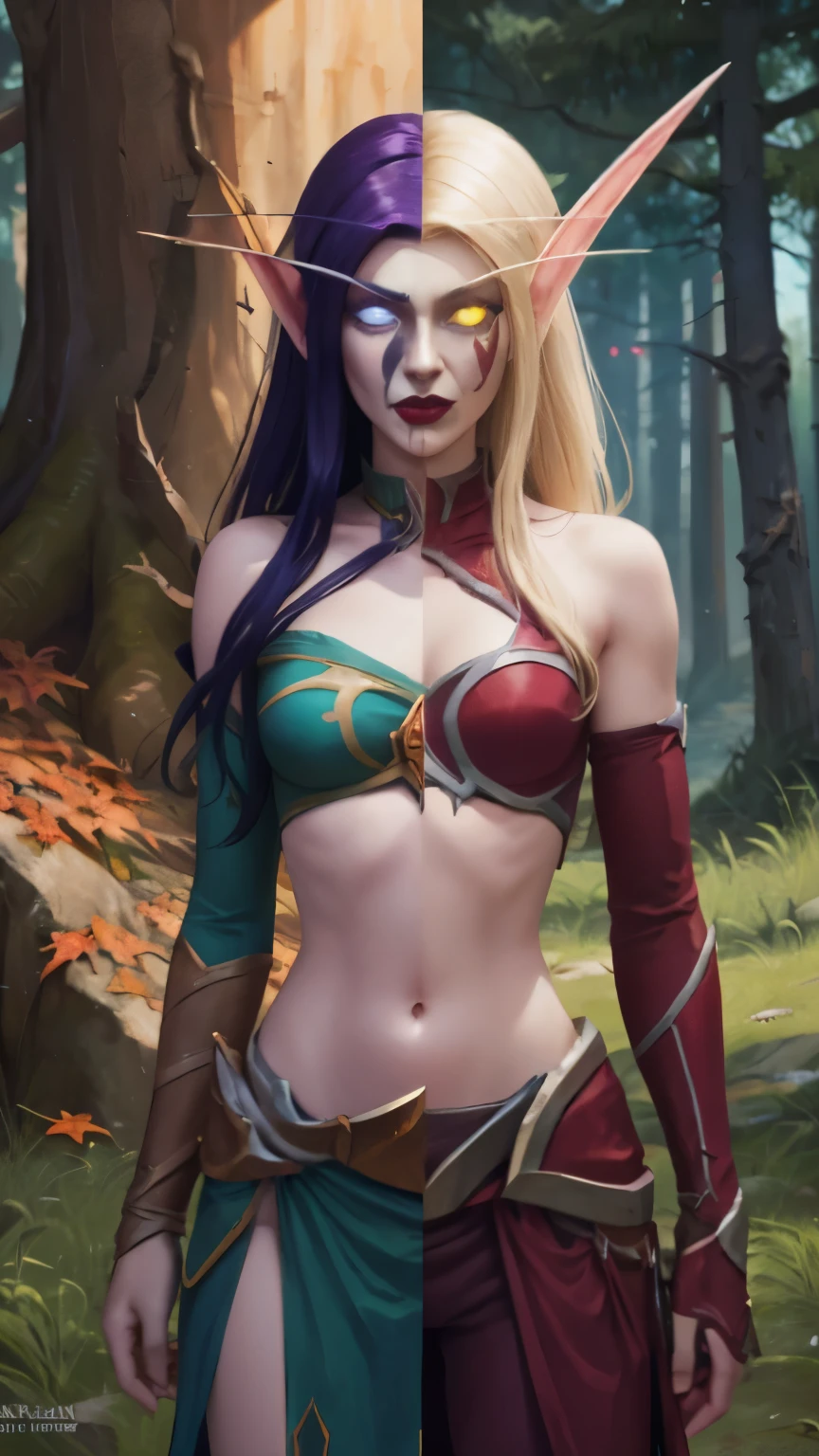 (Masterpiece, highly detailed, highly quality,  highly resolutions), line between the middle, half with nightelf half with bldelf, ({{BREAK nightelf, SplitScreen, split screen, angry, clenched teeth, scars on face, glowing eyes, blue eyes, Purple Hair, colored skin, mature female, purple midriff, navel, purple shoulder pad, purple lips, looking at viewer, forest, purple sword, night, bare shoulders, Sleeveless, spring season}}), vs, (BREAK bldelf, SplitScreen, splitscreen, angry, clenched teeth, blood strains on faces, glowing eyes, yellow eyes, Blonde hair, colored sclera, mature female, red short shirt, navel, red shoulder pad, red lips, looking at viewer, forest, Yellow sword, day, Sleeves, Fall season))