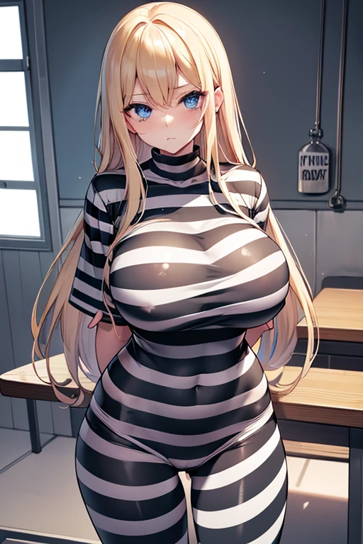 mugshot, view the viewer, Huge breast, prisoner, prison girl, jailed, prisoned, Striped black and white prison jumpsuit, Handcuffed, Restrained, shackle, domina, jail cell, lock, long blonde hair, blue eyes, mature, milf