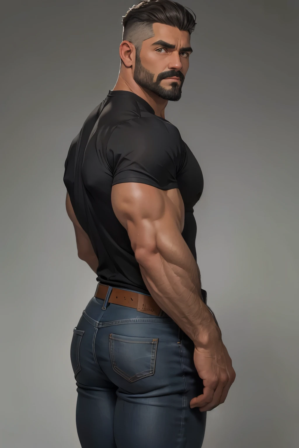 Obra maestra, mejor calidad, ultra detallado, 1 hombre, macho maduro, muscular, pedazo, bara, deportista, carne de res, negro skin, negro, piel bronceada, latino, 36 years old, negro hair, gray fur, barbas de chivo, cabello demasiado cortado, mirando al espectador, serious expression, camiseta gris, Tiro de medio cuerpo, science fiction background, jeans backside 