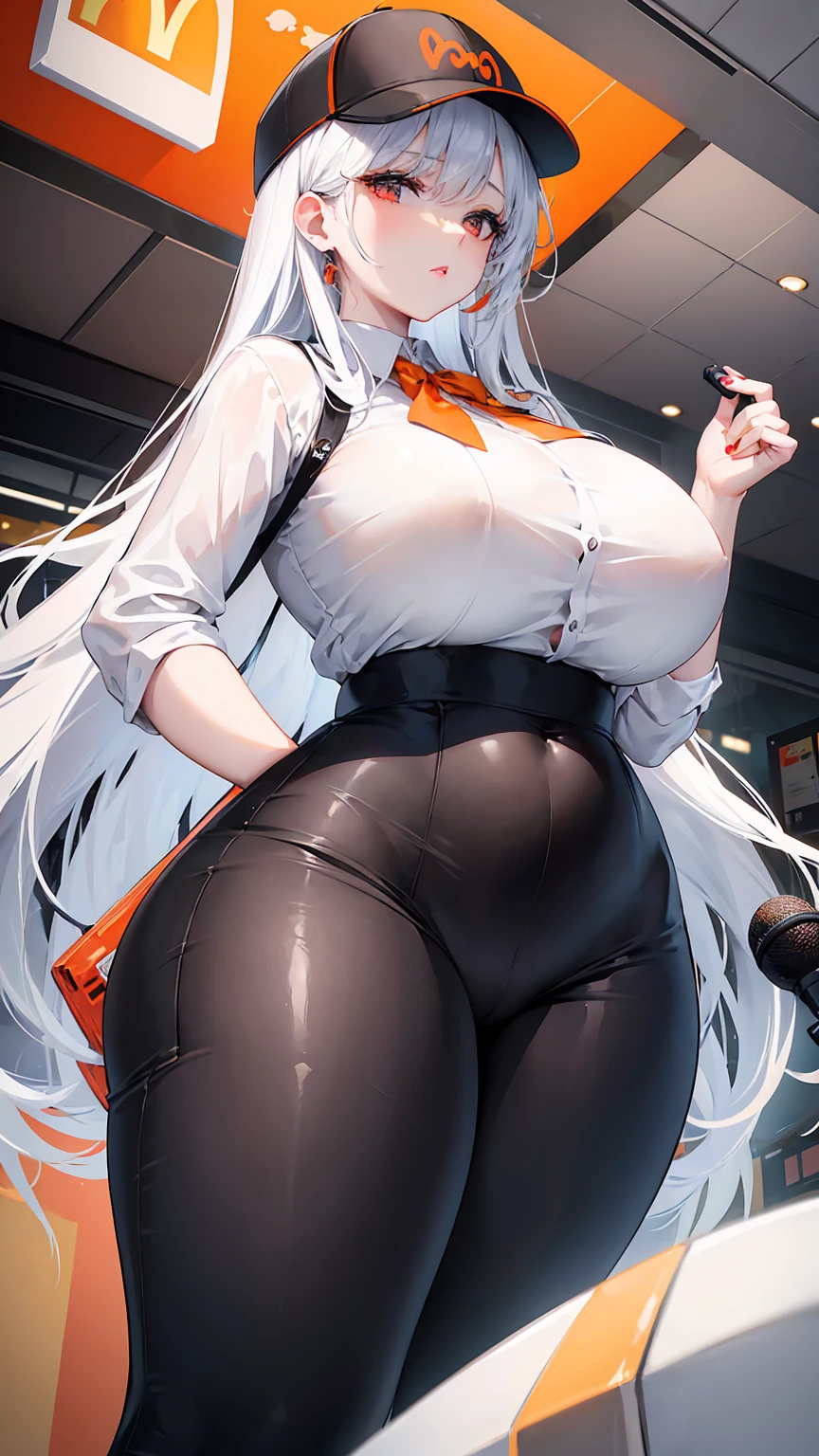 1Woman milf working in McDonald's  "Giant breasts" + "large rear" + "tall"+ "wide hips" + " tiny waist" + "plump thighs" + "slanted eyes white color " + "crystallized white color Hair" +"Red Lips" + "Lucious Lips"”) outfit: (black shirt, black pants, Orange apron on the hip, simple headphones with microphone, black visor)