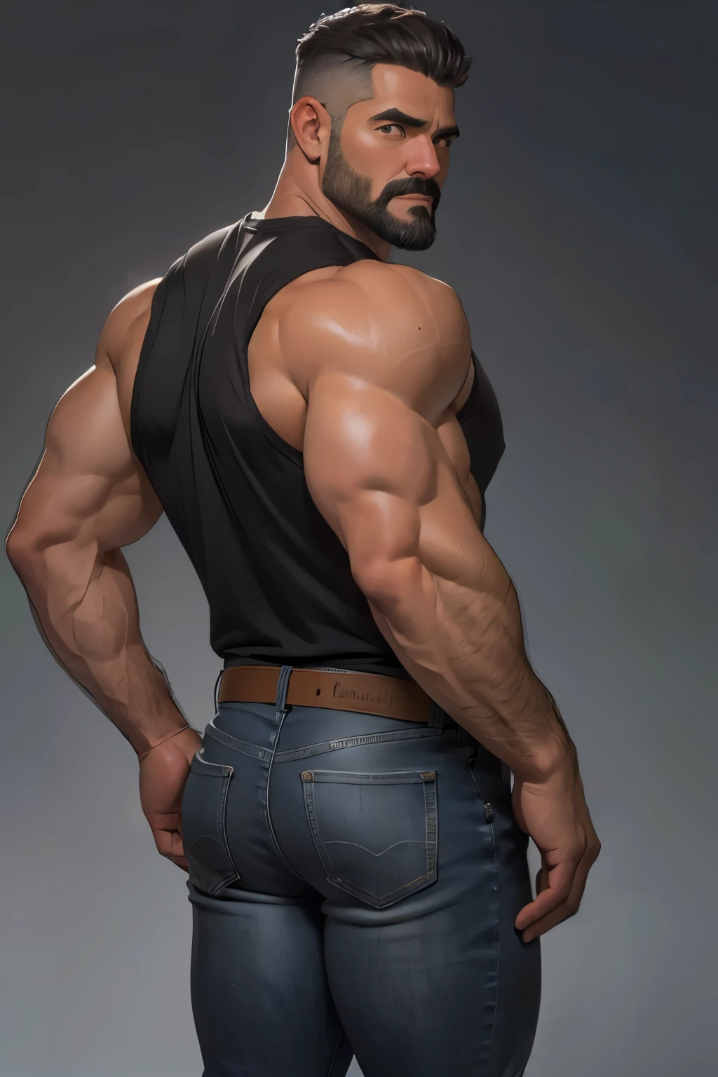 Obra maestra, mejor calidad, ultra detallado, 1 hombre, macho maduro, muscular, pedazo, bara, deportista, carne de res, negro skin, negro, piel bronceada, latino, 36 years old, negro hair, gray fur, barbas de chivo, cabello demasiado cortado, mirando al espectador, serious expression, camiseta gris, Tiro de medio cuerpo, science fiction background, jeans backside backside