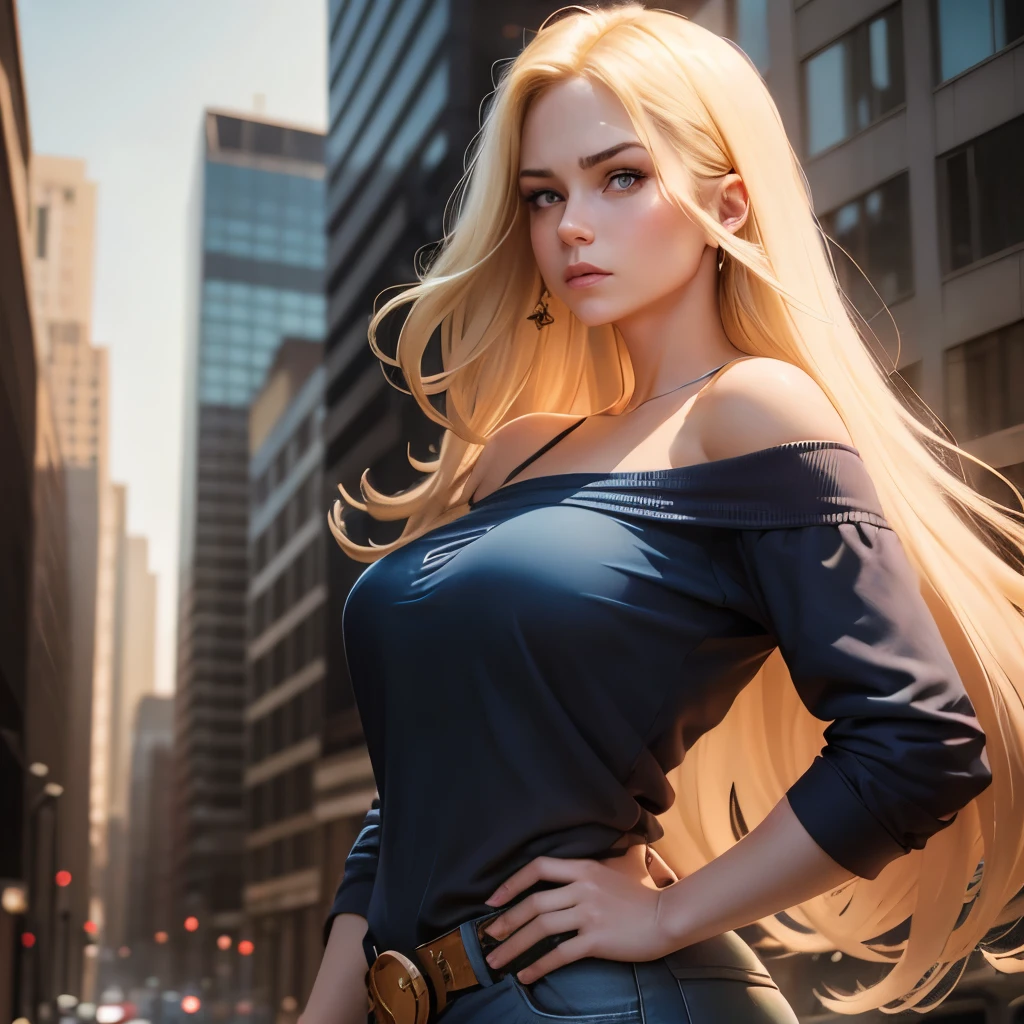 dramatic comic-book style,  realistic. a  blonde woman, blue eyes, chubby cheeks, full face. medium length straight hair over one shoulder. she wears a dark blue shirt with gold trim, wine colored bell bottoms. she stands straight backed, hands on hips. a stern expression on her face. city background. emphasize her hair swept over one shoulder, leaving the other shoulder bare. emphasize that she is an adult 