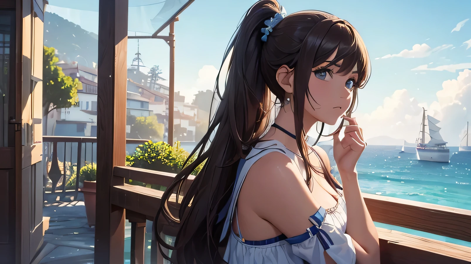 (8k, RAW foto, mejor calidad, (Obra maestra, super high quality, super detailed), anime style paisaje, chica joven, Absoluto, velas escarlatas, girl looking at the sea from the coast, camera looking at the sea, detalles intrincados, sailing ship with velas escarlatas, Una escena de una novela de Alexander Greene. "velas escarlatas" imagen de medio cuerpo, A beautiful women posing for a photograph in an alley, brown ponytail, golpes, risa feliz, blue eyes, Cuerpo magro musculoso, perfect anatomy, Looking to the camera, Time of the day, cielo azul, estilo animado, al aire libre, tendencia en artstation, Oh!, sakimichan muy sensual, con ropa original cuerpo entero, muy realista, extremadamente realista, extremadamente sexy, 8k, 8k extremadamente detallado), (un extremadamente delicado y hermoso), (obra maestra), (mejor calidad: 1.0), (ultra high resolution:1.0)