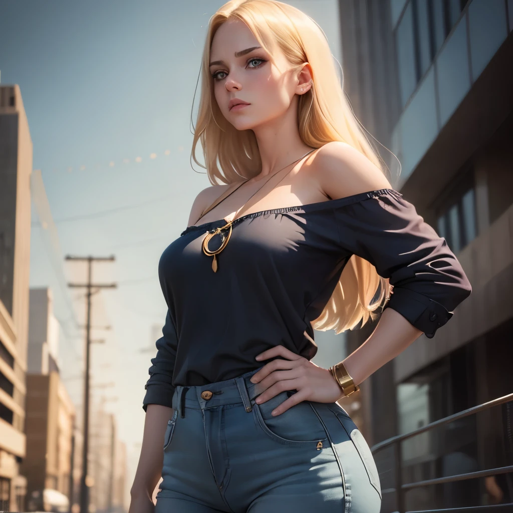 dramatic comic-book style,  realistic. a  blonde woman, blue eyes, chubby cheeks, full face. medium length straight hair over one shoulder. she wears a dark blue shirt with gold trim, wine colored bell bottoms. she stands straight backed, hands on hips. a stern expression on her face. city background. emphasize her hair swept over one shoulder, leaving the other shoulder bare. emphasize that she is an adult, small breasts 