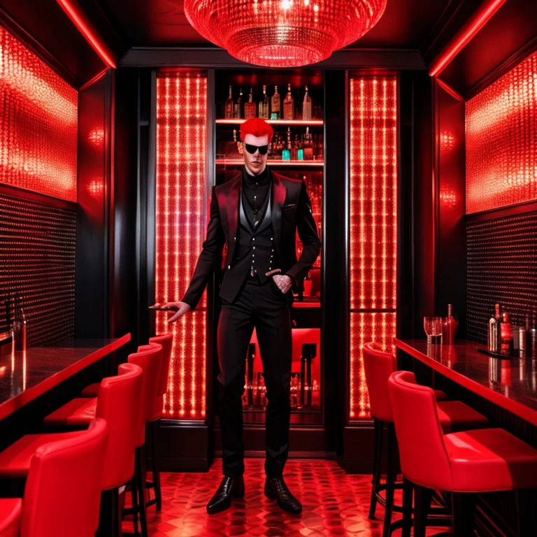 Tall scary guy wearing expensive closes with red hair and a menexing look in a booth at a bar 