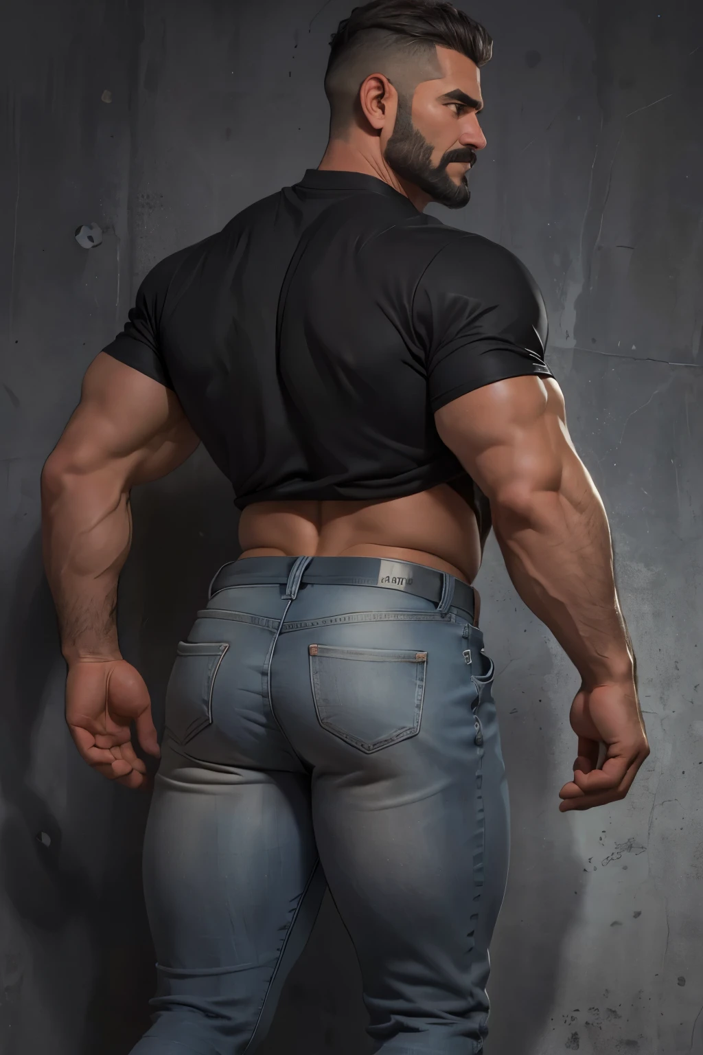 Obra maestra, mejor calidad, ultra detallado, 1 hombre de espaldas, macho maduro, muscular, pedazo, bara, deportista, carne de res, negro skin, negro, piel bronceada, latino, 36 years old, negro hair, gray fur, barbas de chivo, cabello demasiado cortado, mirando al espectador, serious expression, camiseta gris, Tiro de medio cuerpo, science fiction background, jeans backside bent over backside