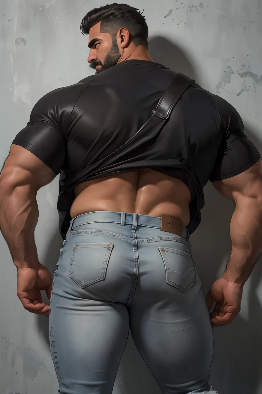 Obra maestra, mejor calidad, ultra detallado, 1 hombre de espaldas, macho maduro, muscular, pedazo, bara, deportista, carne de res, negro skin, negro, piel bronceada, latino, 36 years old, negro hair, gray fur, barbas de chivo, cabello demasiado cortado, mirando al espectador, serious expression, camiseta gris, Tiro de medio cuerpo, science fiction background, jeans backside bent over backside