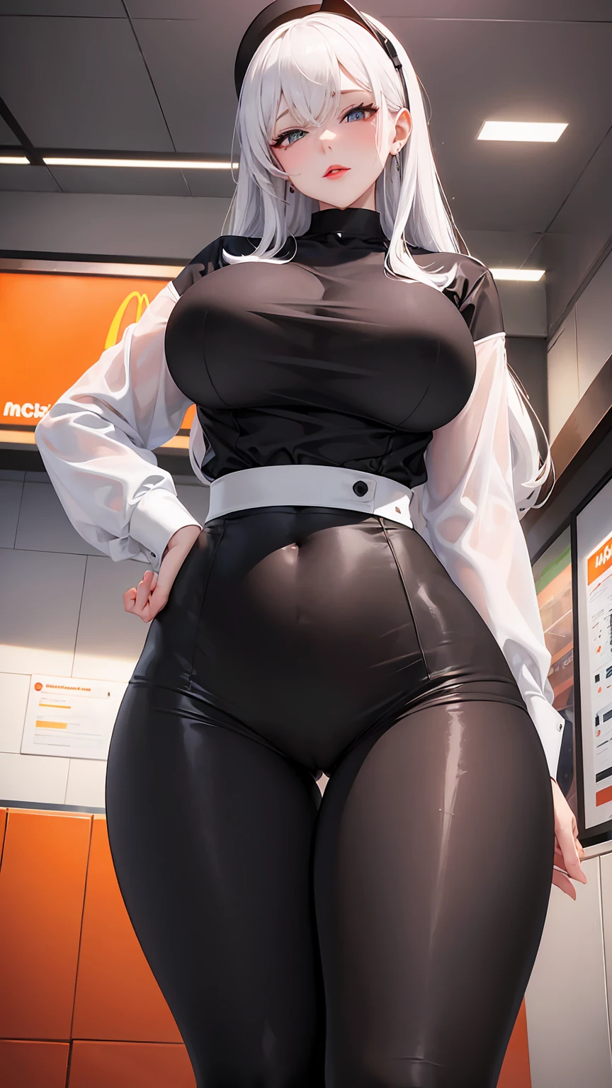 1Woman milf working in McDonald's "Giant breasts" + "large rear" + "tall"+ "wide hips" + " tiny waist" + "plump thighs" + "slanted eyes white color " + "crystallized white color Hair" +"Red Lips" + "Lucious Lips"”) outfit: (black shirt, black pants, Orange apron on the hip, simple headphones with microphone, black visor)