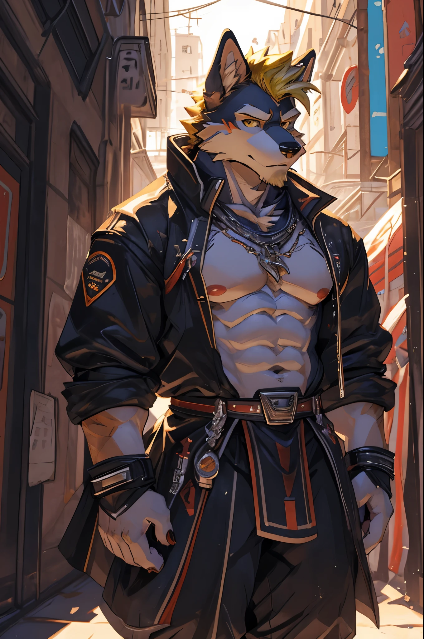 perfect face, bara furry, dog man, big body, black skin, short quiff yellow hair, yellow eyes, perfect eyes, big dog ears, handsome, cyberpunk, in city street
