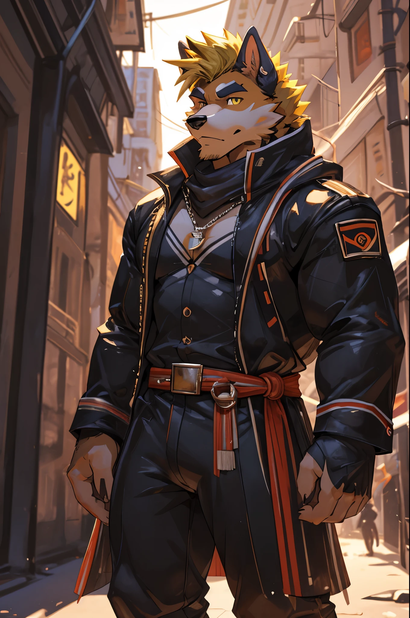 perfect face, bara furry, dog man, big body, black skin, short quiff yellow hair, yellow eyes, perfect eyes, big dog ears, handsome, cyberpunk, in city street