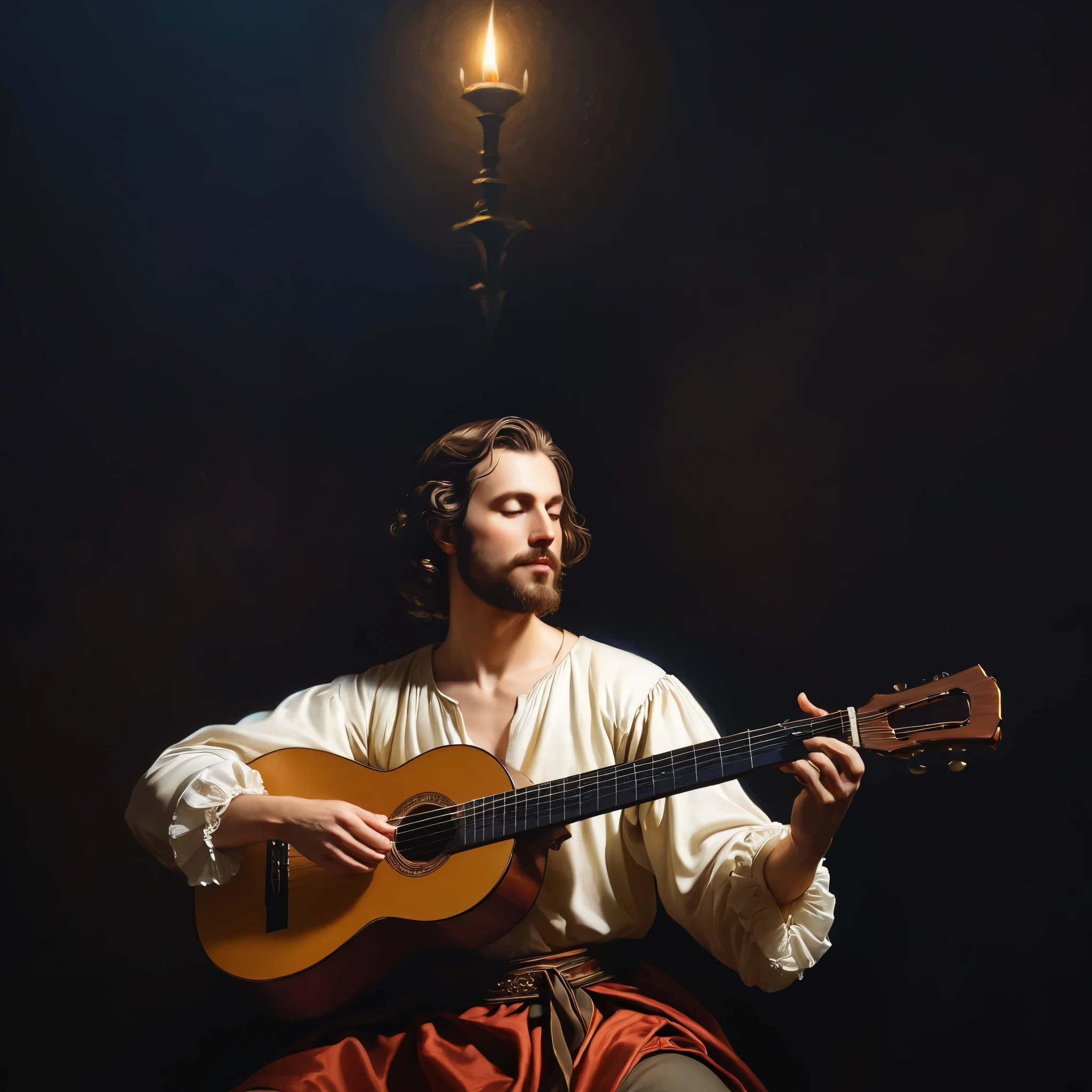 (masterpiece), ((best quality)), extremely delicate and beautiful, illustration, painting of a man playing a guitar in the dark, is playing a lute, inspired by Girolamo Muziano, a human bard, the guitar player, fanart, official fanart, light study, inspired by Gerald van Honthorst, musician, lute, world of lute, inspired by Eglon van der Neer, fan art