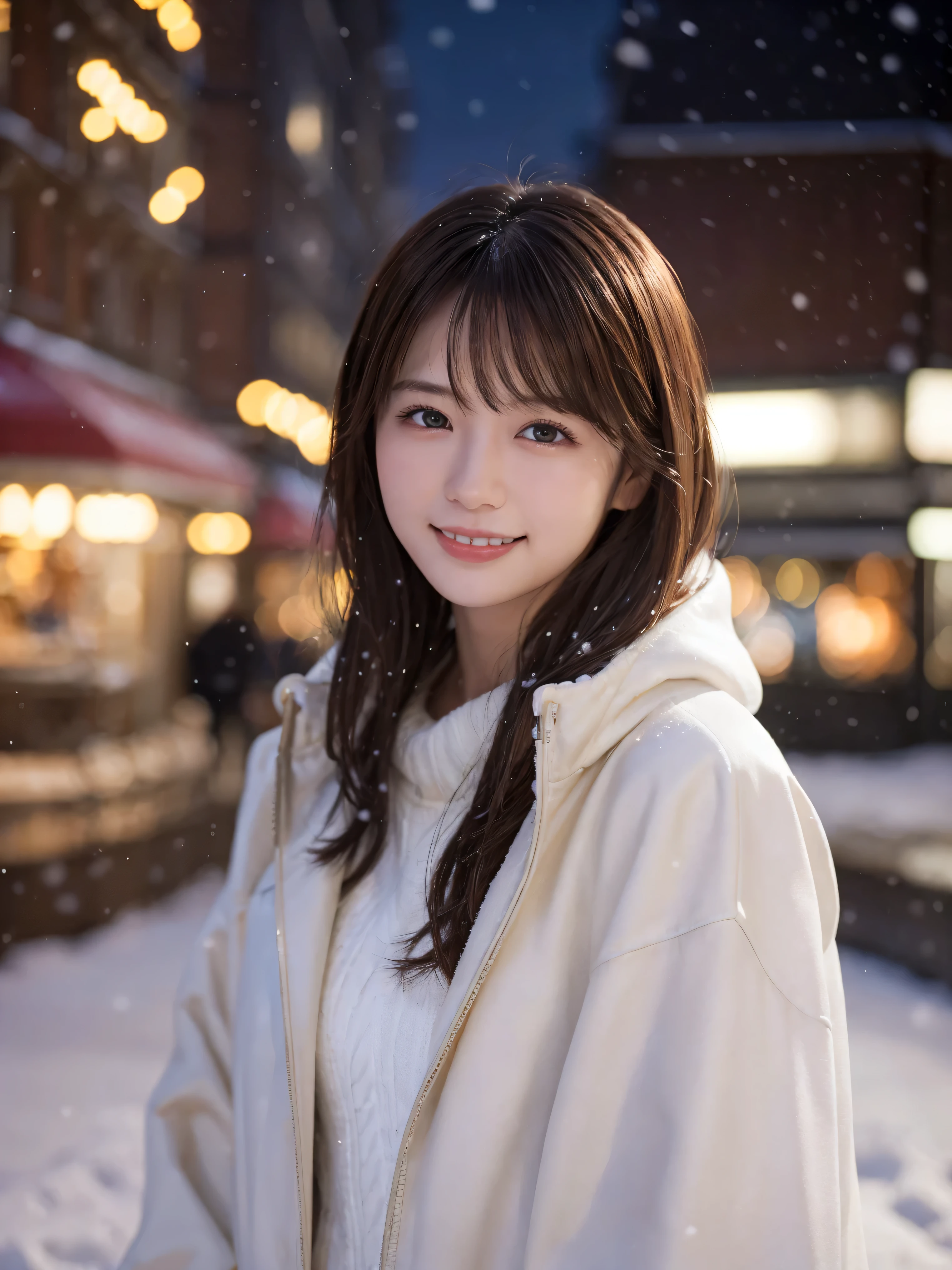 1 girl, (Wear a platinum coat:1.2), (RAW Photos, highest quality), (Realistic, Photorealistic:1.4), Tabletop, Very delicate and beautiful, Very detailed, 2k wallpaper, wonderful, finely, very detailed CG Unity 8k wallpaper, Very detailed, High resolution, Soft Light, Beautiful detailed girl, Very detailed目と顔, Beautiful and detailed nose, Finely beautiful eyes, Cinema Lighting, Illuminations that light up the city on a snowy night, Snow Scene, that'it's snowing, Hair's snowing, Perfect Anatomy, Slender body, Was nervous,
Straight semi-long hair, bangs, Looking at the audience, smile