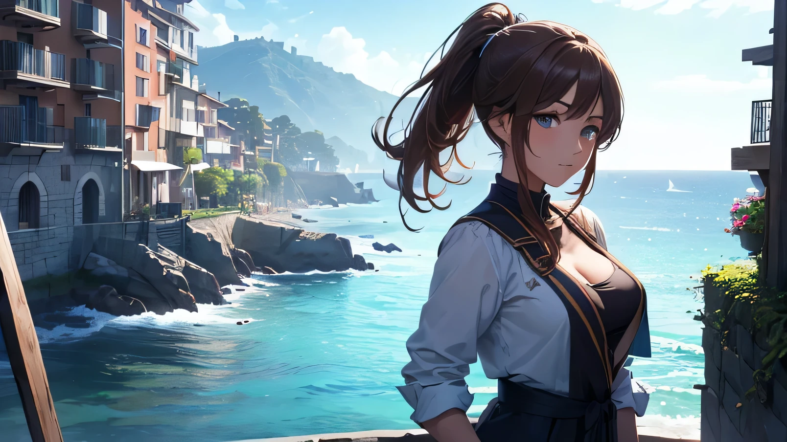 (8k, RAW foto, mejor calidad, (Obra maestra, super high quality, super detailed), anime style paisaje, chica joven, Absoluto, velas escarlatas, girl looking at the sea from the coast, camera looking at the sea, detalles intrincados, sailing ship with velas escarlatas, Una escena de una novela de Alexander Greene. "velas escarlatas" imagen de medio cuerpo, A beautiful women posing for a photograph in an alley, brown ponytail, golpes, risa feliz, blue eyes, Cuerpo magro musculoso, perfect anatomy, Looking to the camera, Time of the day, cielo azul, estilo animado, al aire libre, tendencia en artstation, Oh!, sakimichan muy sensual, con ropa original cuerpo entero, muy realista, extremadamente realista, extremadamente sexy, 8k, 8k extremadamente detallado), (un extremadamente delicado y hermoso), (obra maestra), (mejor calidad: 1.0), (ultra high resolution:1.0)