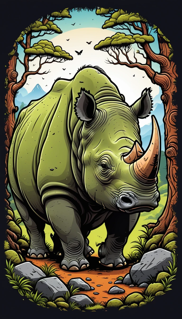 Vector graphics aesthetics, real image of a large forest one-horned rhinoceros with gnarled trees and bushes growing on its hump, troll hump covered in moss and grass, vector graphics, high resolution, clear contours, colorful gradient, color dark