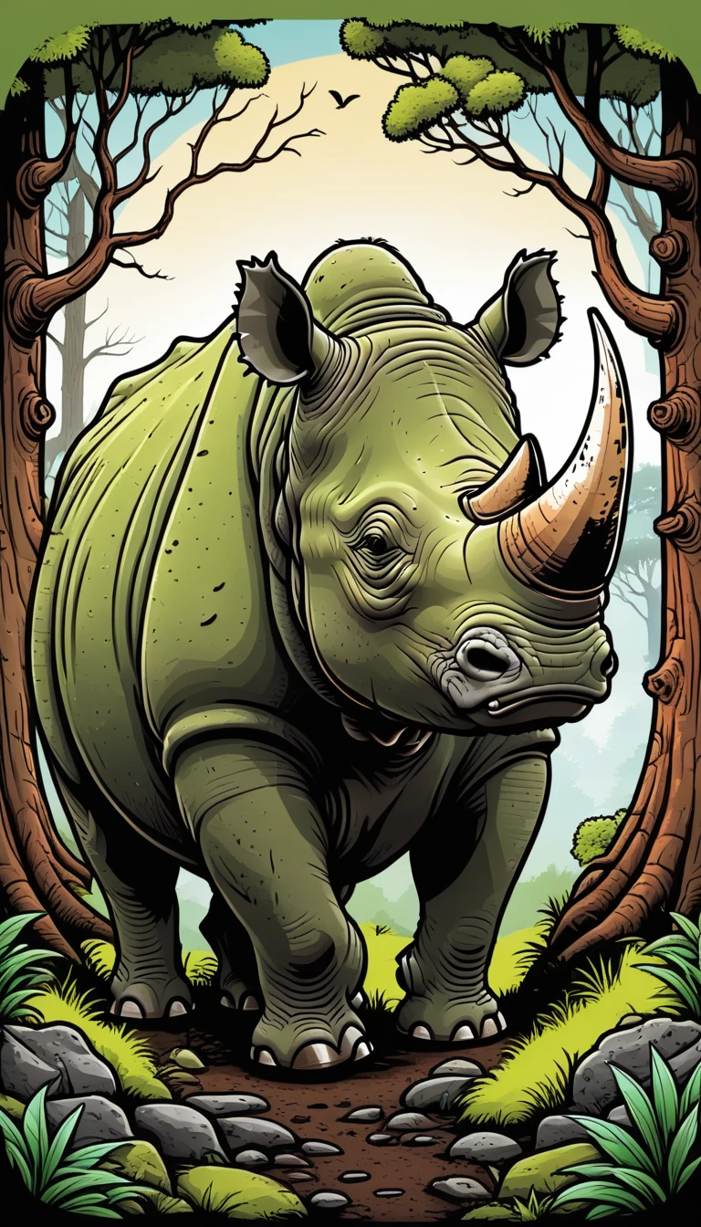 Vector graphics aesthetics, real image of a large forest one-horned rhinoceros with gnarled trees and bushes growing on its hump, troll hump covered in moss and grass, vector graphics, high resolution, clear contours, colorful gradient, color dark