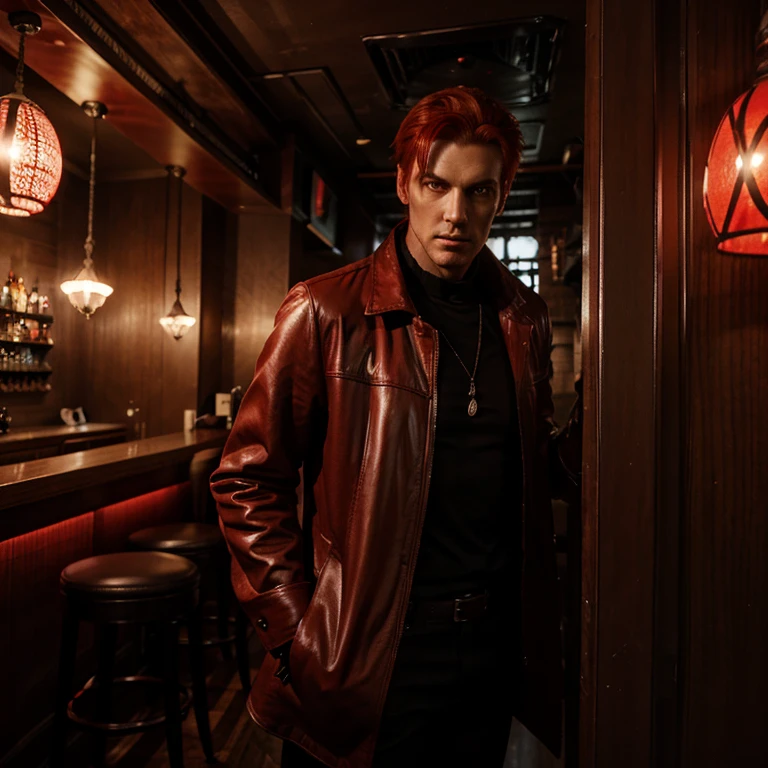 Tall scary guy wearing expensive closes with red hair and a menexing look in a booth at a bar