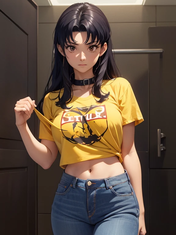 NSFW,1 mujer, atuendo: Camiseta sin mangas, (((tapa amarilla))), (((Jeans cortos))), ojos negros, cabello purpura, pelo medio, constituir, collar, alto, Cuerpo delgado, Misato Katsuragi (CON), (((Misato Katsuragi))), adentro, sala de estar, (((Vista frontal))), mirando al espectador, bonitos muslos, cara perfectamente detallada, manos y dedos perfectamente detallados, Obra maestra 1.1, tendencia en artstation, calidad pixiv, (((arte de cjin))), intrincadamente detallado, ultra gráfica, NSFW version, (((mqmf 1.1))),