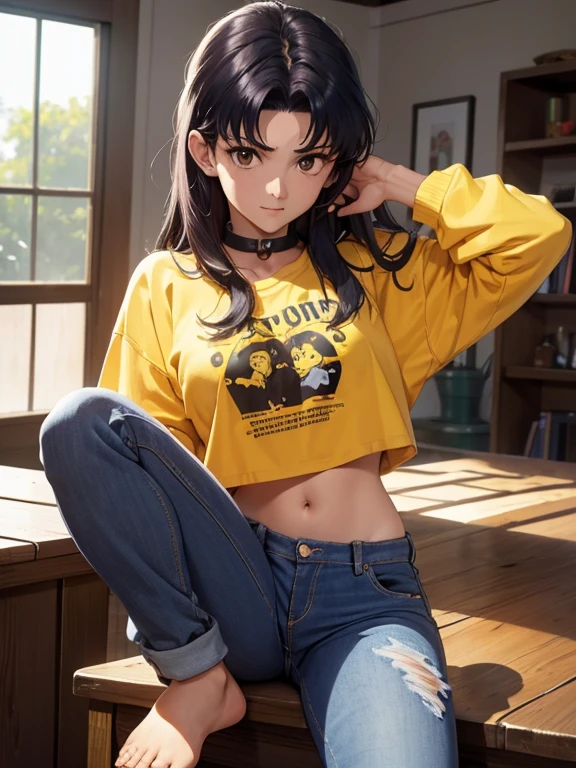 NSFW,1 mujer, atuendo: Camiseta sin mangas, (((tapa amarilla))), (((Jeans cortos))), ojos negros, cabello purpura, pelo medio, constituir, collar, alto, Cuerpo delgado, Misato Katsuragi (CON), (((Misato Katsuragi))), adentro, sala de estar, (((Vista frontal))), mirando al espectador, bonitos muslos, cara perfectamente detallada, manos y dedos perfectamente detallados, Obra maestra 1.1, tendencia en artstation, calidad pixiv, (((arte de cjin))), intrincadamente detallado, ultra gráfica, NSFW version, (((mqmf 1.1))),