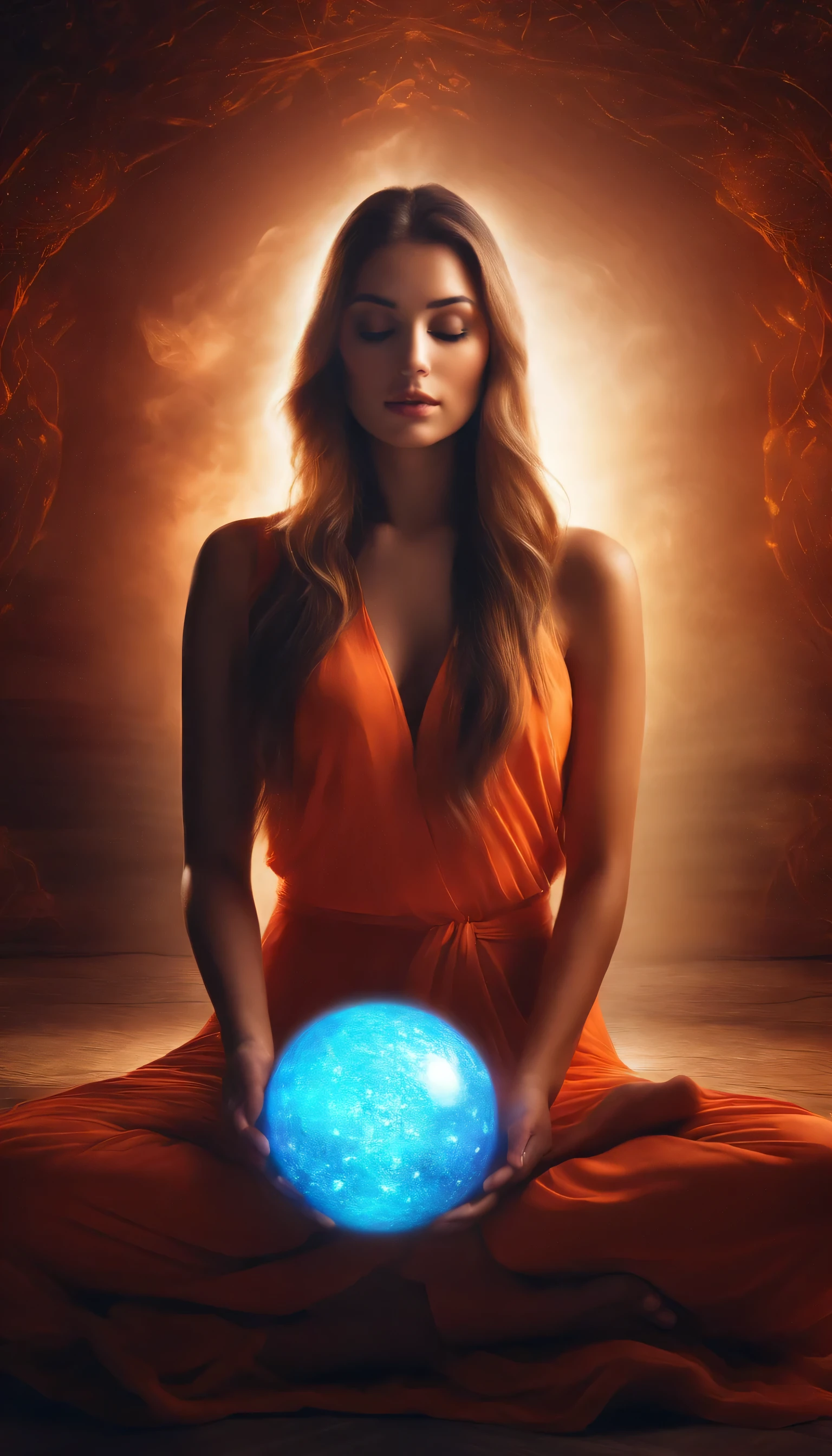 A linda mulher ,Holding a glowing orb with both hands,looking directly at the camera,Meditar de pernas cruzadas, at centre,clear facial features,Cores muito brilhantes, light particle, com luz brilhando, Mushiv, arte de papel de parede, UHD wallpapers