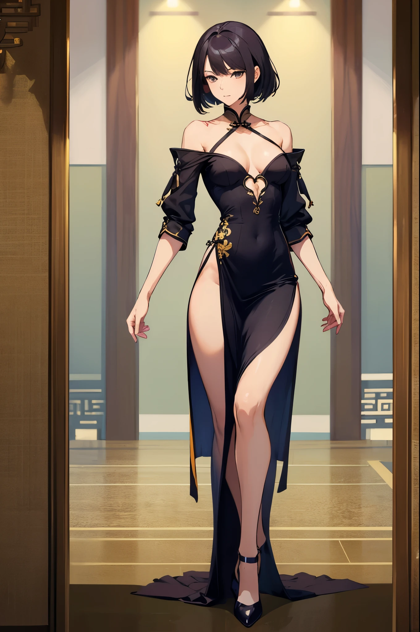 a sexy woman, (best quality), (masterpiece), (1girl), slim, anime, tall, (flat chested), (chinese dress), (full body view), (protrait)