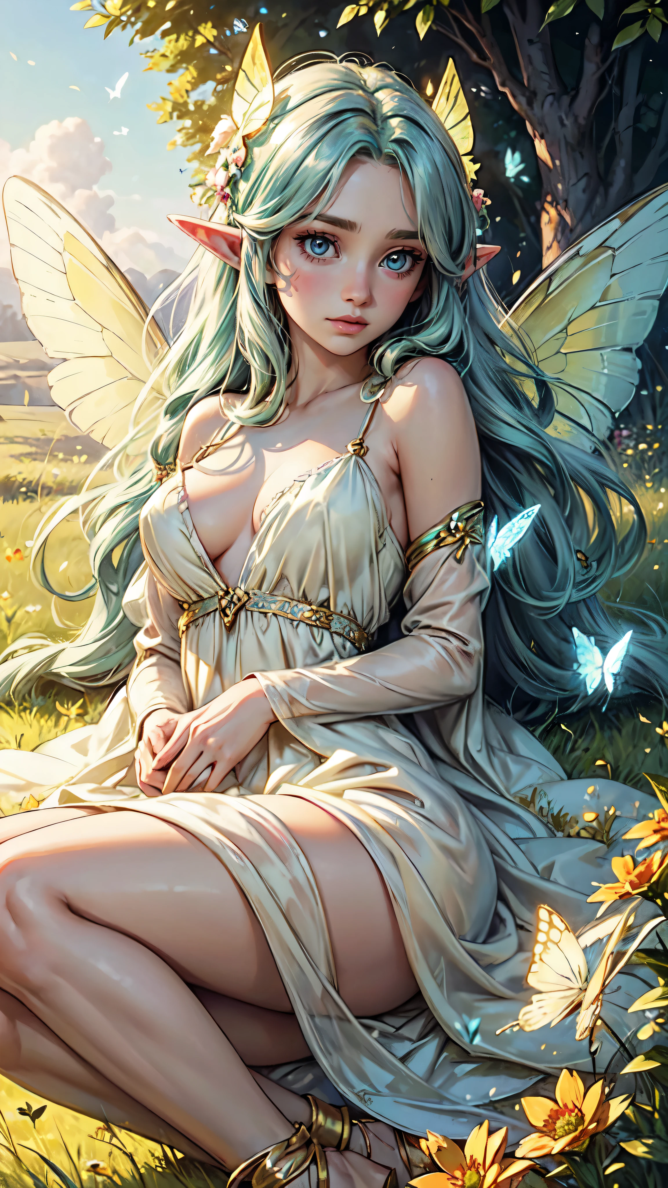 "((Innocent)) Elf girl, golden hour, dreamy meadow, ethereal, whimsical, flowing dress, soft sunlight, enchanting, butterfly wings, (pastel clouds), liquid reflections,frieren, detailed face, detailed eyes, detailed hands, laying on the ground