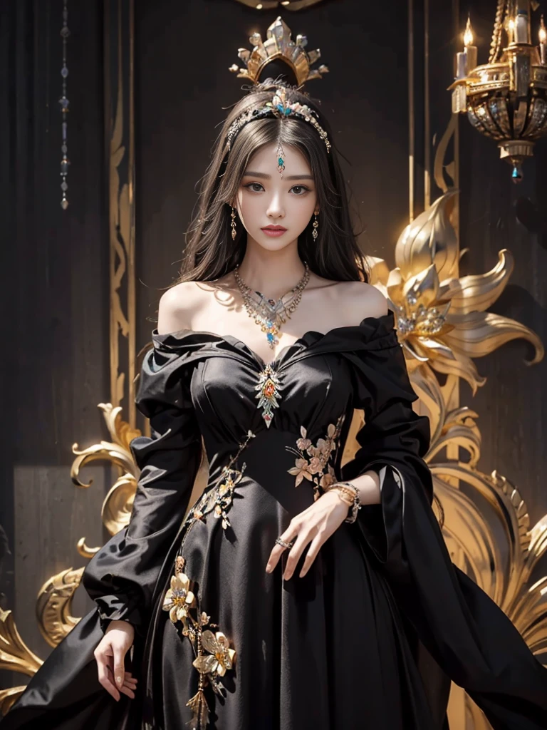 4K, Ultra HD, masterpiece, 1 girl, (nice face:1.4), detailed eyes, very long hair, Princess Dress, (black dress:1.5), (wearing jewelry:1.8), (Imperial:1.5), (The Bloom Effect:1.5), detailed fantasy art, amazing character art, beautiful 절묘한 캐릭터 아트, beautiful, very detailed, Elaborate and complex headdresses and jewelry, (Perfect body front view), 고급스러운 Imperial 배경