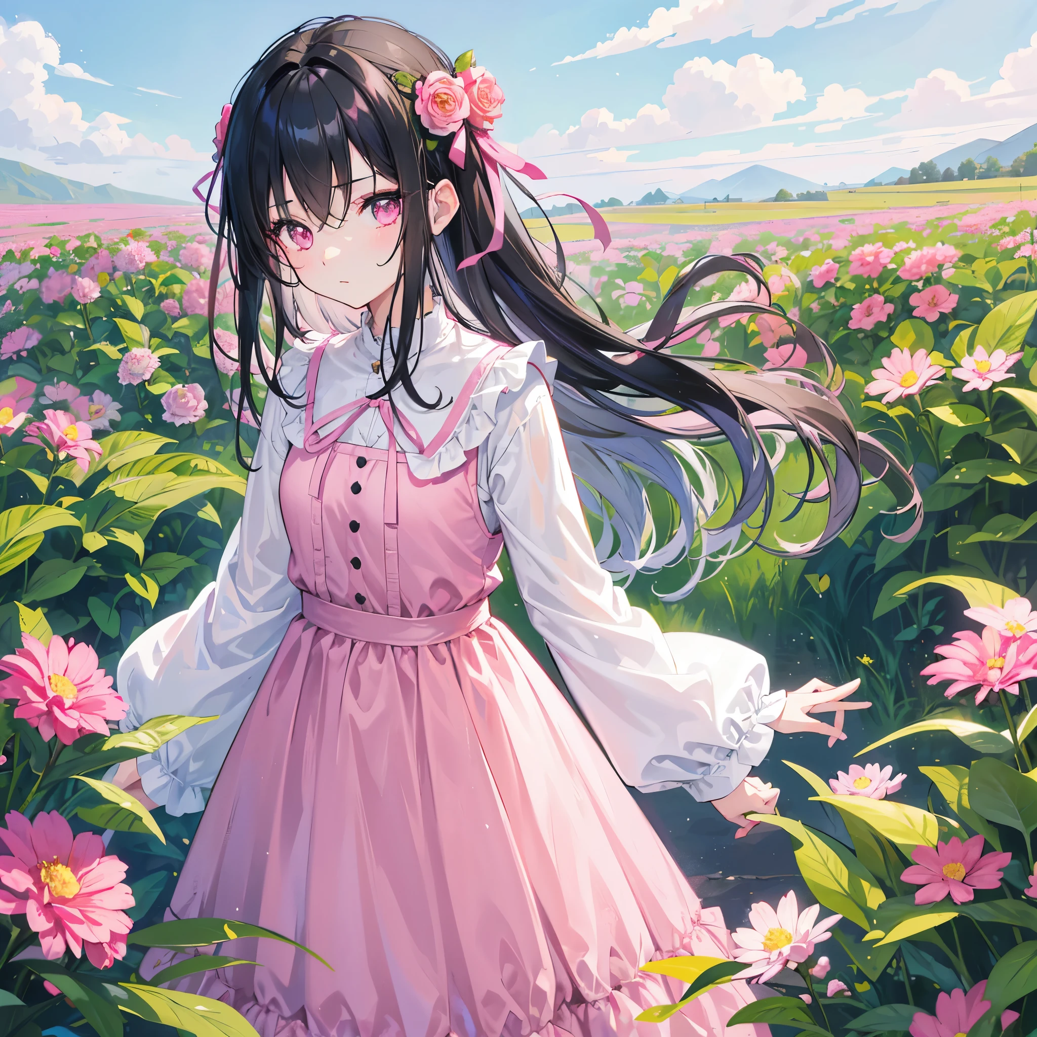 Main Subject: 1 girl only, adult girl, mature, moderately sized chest, long black hair, slim face, pink eyes, 1 pink ribbon on hair, wearing cute clothes, farmer, charming, cute face. Subject Position: standing, looking at camera. Setting: flower fields, morning sky. High contrast, sharp light, clear image.