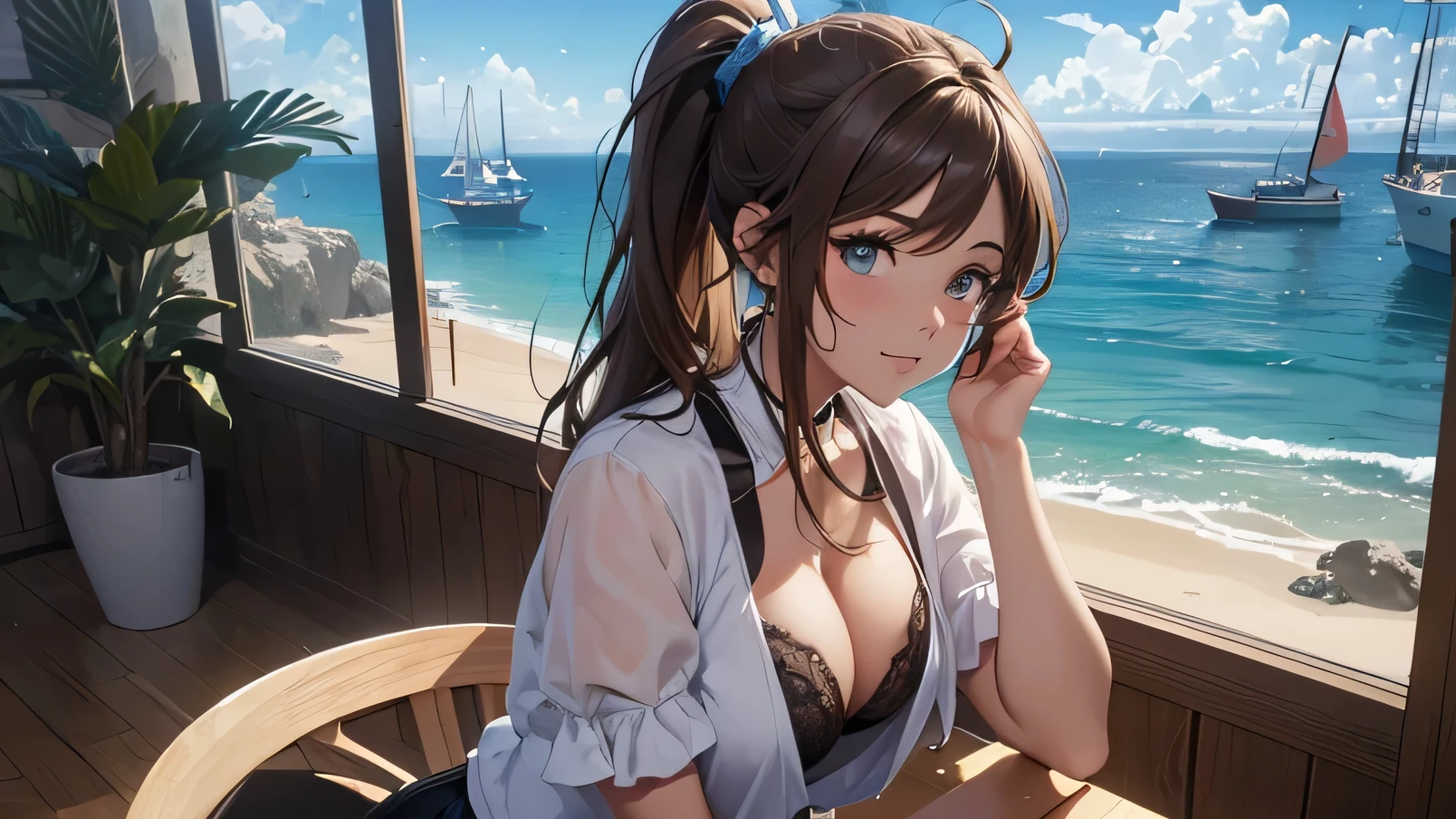 (8k, RAW foto, mejor calidad, (Obra maestra, super high quality, super detailed), anime style paisaje, chica joven, Absoluto, velas escarlatas, girl looking at the sea from the coast, camera looking at the sea, detalles intrincados, sailing ship with velas escarlatas, Una escena de una novela de Alexander Greene. "velas escarlatas" imagen de medio cuerpo, A beautiful women posing for a photograph in an alley, brown ponytail, golpes, risa feliz, blue eyes, Cuerpo magro musculoso, perfect anatomy, Looking to the camera, Time of the day, cielo azul, estilo animado, al aire libre, tendencia en artstation, Oh!, sakimichan muy sensual, con ropa original cuerpo entero, muy realista, extremadamente realista, extremadamente sexy, 8k, 8k extremadamente detallado), (un extremadamente delicado y hermoso), (obra maestra), (mejor calidad: 1.0), (ultra high resolution:1.0)