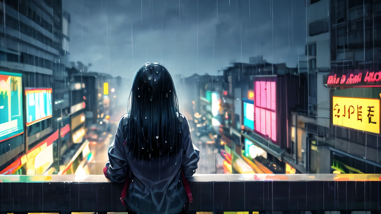 lofi scene girl in the rain looking at the sky, cidade linda com tempo super nublado 