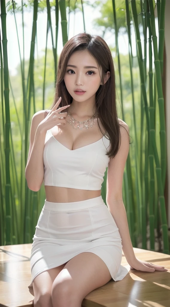 (best quality, 8k, On the table, Ultra HD: 1.3), 1 Girl, Medium breasts ,Light brown hair, Bangs, hair behind ear, Shoulder-length hair, Long hair, Slender body type, Ultra-detailed face shape, Delicate lips, beautiful eyes, Double eyelids, Lipstick, Thin blush ,Eyes are light brown ,Perfect and radiant skin,Flawless skin White skin ,Glittering sweat,Check it out here, Ultra-thin pointer, Ultra-thin fingers, The best ratio of four fingers and one thumb, (Realist:1.3),Finger extender, Transparent white shirt, White see-through tight skirt , Slender and beautiful legs ,White necklace,low heels. bamboo forest