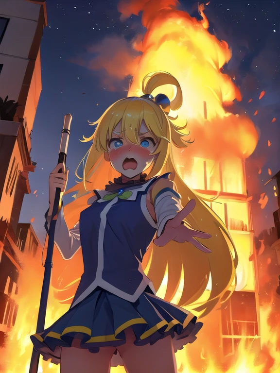 alta calidad, Obra maestra, 1 chica, IncrsRegalo, Regalo entrante, agua \(konosuba\), blue eyes, aguagritando, gritando, boca abierta, llorando con los ojos abiertos, incendio, fuego en el fondo, Edificio en llamas, al aire libre, noche, auto crash, auto,