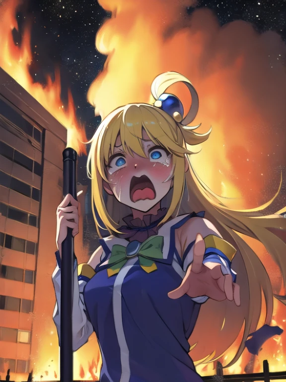 alta calidad, Obra maestra, 1 chica, IncrsRegalo, Regalo entrante, agua \(konosuba\), blue eyes, aguagritando, gritando, boca abierta, llorando con los ojos abiertos, incendio, fuego en el fondo, Edificio en llamas, al aire libre, noche, auto crash, auto,