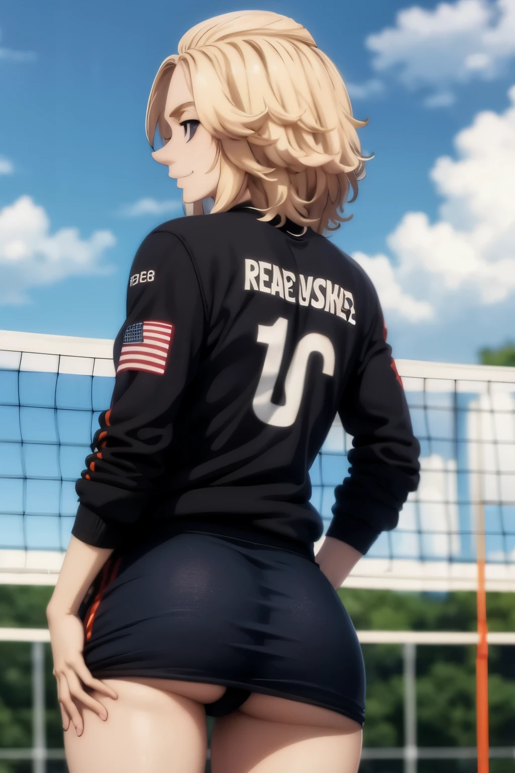 MikMikey,1st grade, male, Foco masculino,blonde hair,medium hair,olhos negros,olhos vazios, corpo inteiro,smile, (volleyball uniform: 1.2), rear view, shows ass, butt