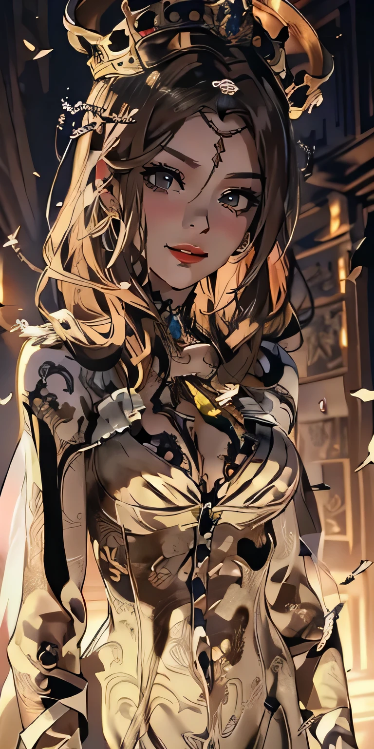 a woman with a skeleton in her hands and a crown on her head, detailed digital anime art, best anime 4k konachan wallpaper, detailed anime artwork, detailed anime art, intricate body, anime visual of a cute girl, intricate ornate anime cgi style, beautiful necromancer girl, anime art wallpaper 4 k, anime art wallpaper 4k