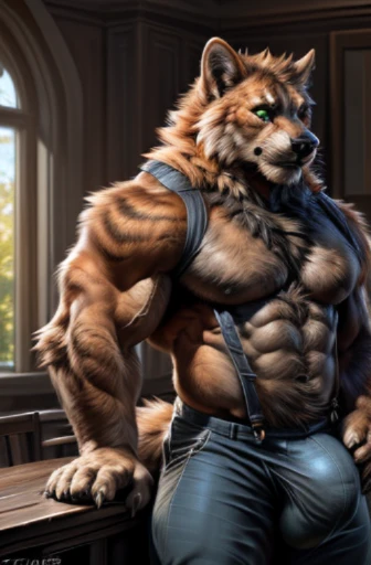 4k, high resolution, best quality, perfect colors, perfect shadows, perfect lighting, ((full bodyportrait)), posted on e621, furry body, solo, anthro orange werewolf, (monotone orange fur:1.3), male, black beard, white chest fur, adult, (heavily muscular, manly, brutal, masculine:1.4), green eyes, realistic eyes, hands on neck, suspenders, masculine, (muscular, dense build:1.4, muscular shoulders, strong pecs, massive bulge), living room background, correct anatomy, sitting in the dining room, green short pant, (photorealistic detailed fur, epic, masterpiece:1.2), (by Taran Fiddler, by Chunie, by Rukis, Bonifasko lighting), best posture, claws on hands, (photorealistic fur, detailed fur, epic, masterpiece:1.2), sexy shadows, (by echin, by Taran Fiddler, by takemoto arashi, by Traver009, by Juiceps), (detailed eyes:1.2), impressive physique, focus face, serious face, detailed eyes